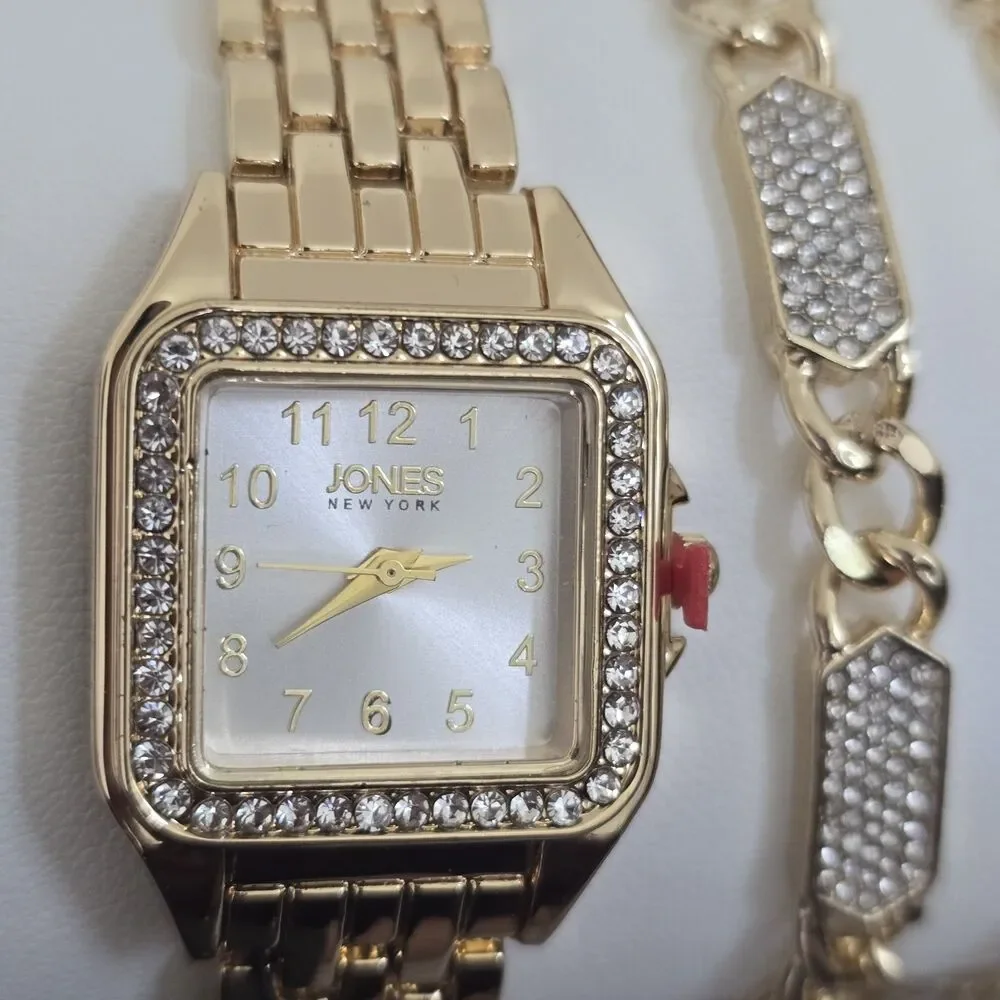 Jones New York Women's Gold-Tone Crystal Watch & Matching Bracelet Set